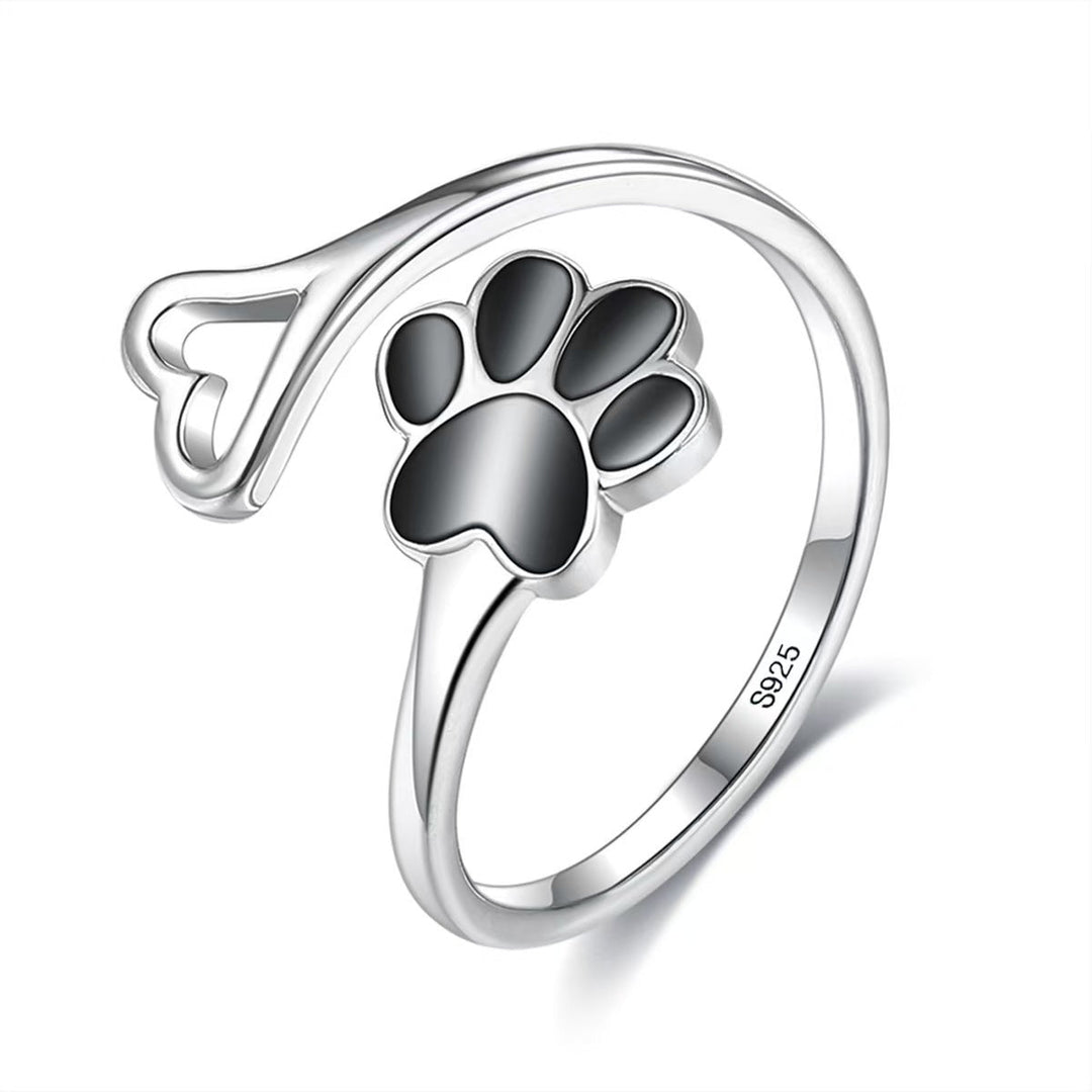 Anillo de Corazón Ajustable con Huella de Patas, Artesanal en Plata de Ley 925
